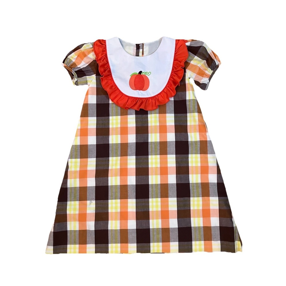 Shrimp & Grits Kids Smocked Dress 3T Gingham Check  Pumpkin Fall Halloween